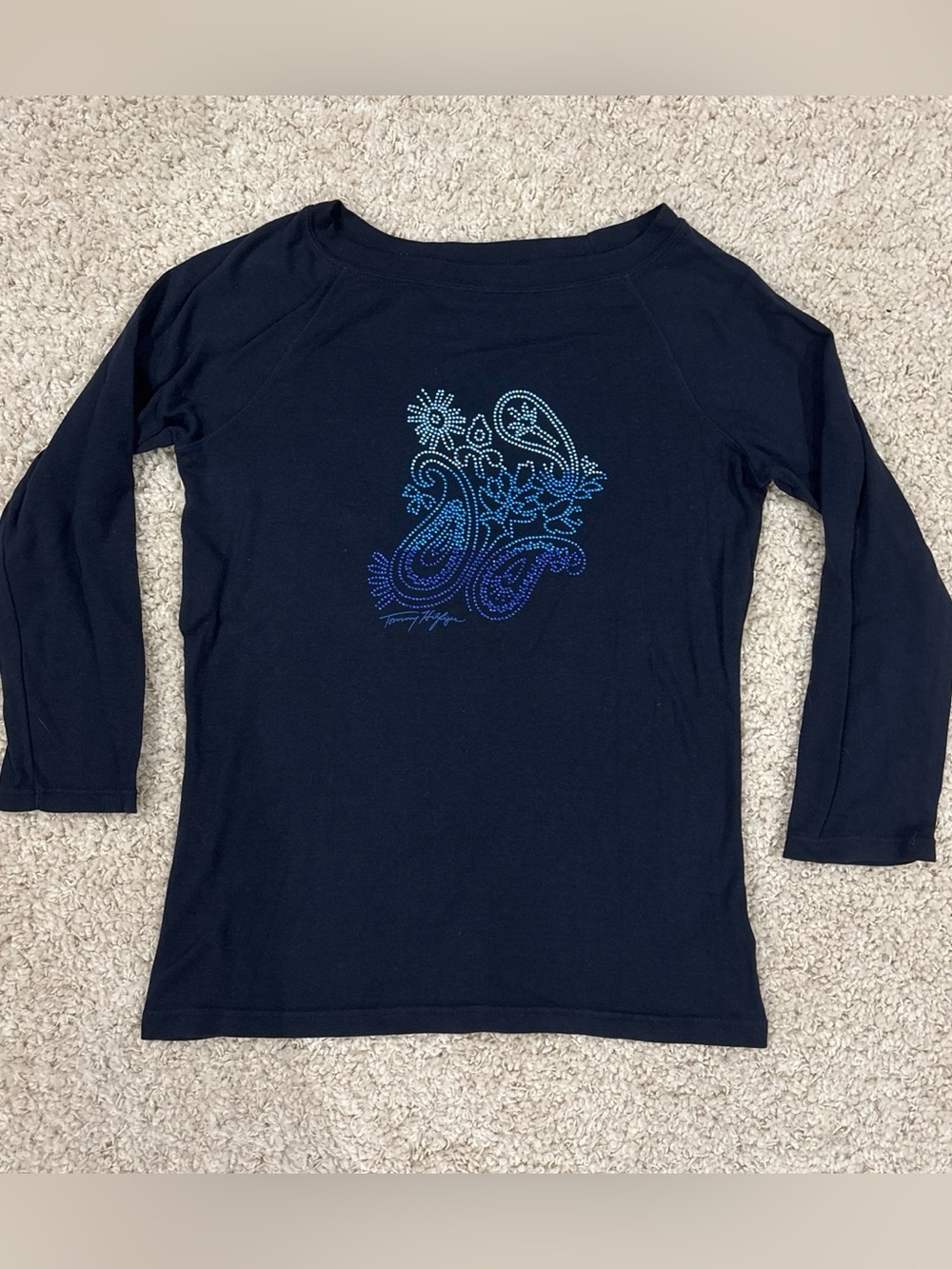 Tommy Hilfiger Women’s Navy Blue Rhinestone Floral Logo 3/4 Sleeve Top Sz Large